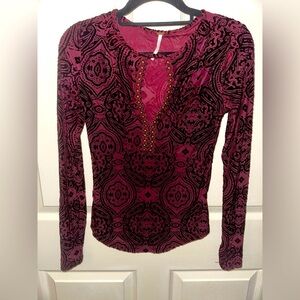 Free People red burgundy burnout velvet city limits Long Sleeve top XS